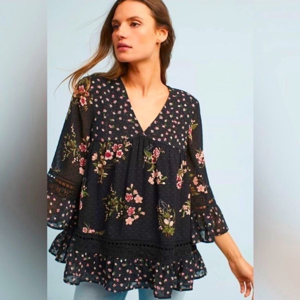 Maeve Anthropologie Steffy Black Pink Floral Boho Bell Sleeve Blouse Small